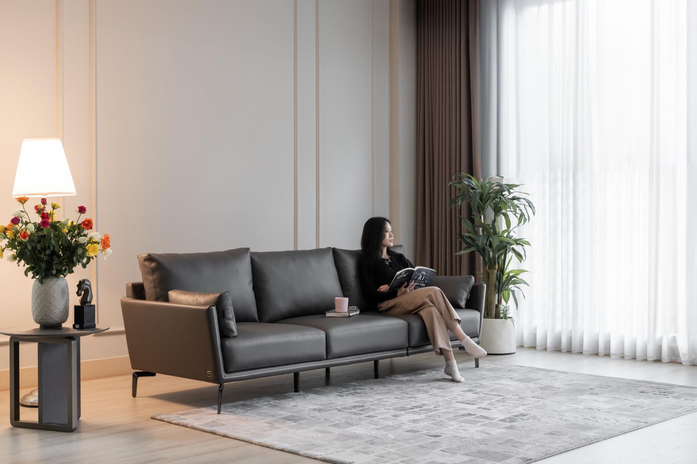 Dài 2.1m - da thật màu xám ghi